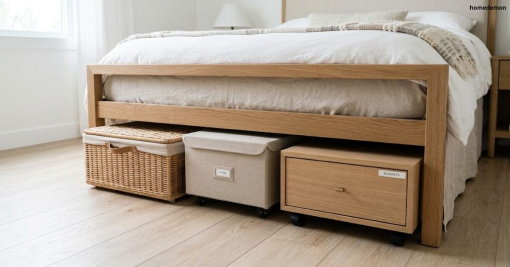 "Low profile storage containers including a rattan basket, fabric bin, and wooden drawer sliding under a bed frame in a small room"