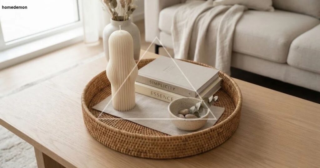 Coffee table tray with candle, books and bowl arranged in a triangle to show the rule of triangles
