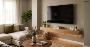 Floating TV shelf styled with decor and hidden cords in a modern living room