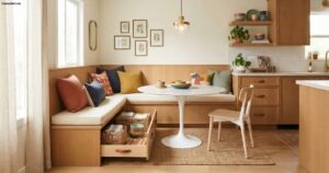 Small Kitchen Breakfast Nook Bench Seating Ideas: Built-In Storage + Tulip Table