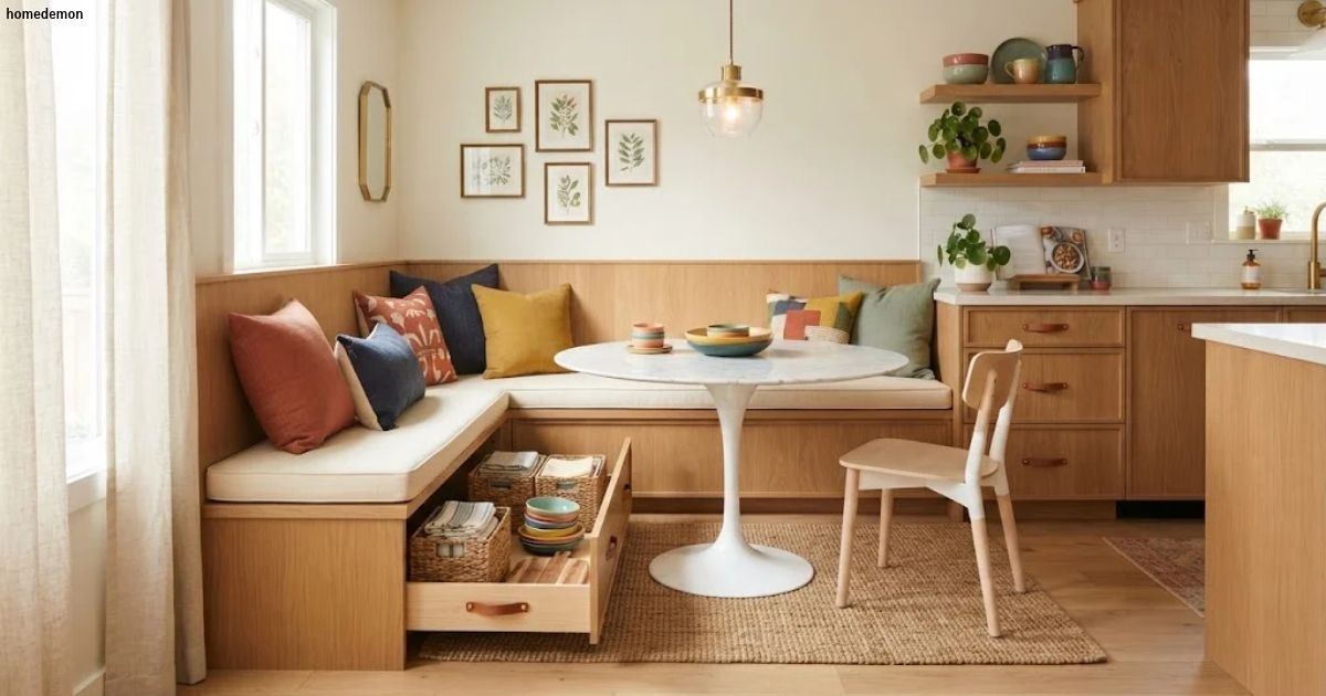 Small Kitchen Breakfast Nook Bench Seating Ideas: Built-In Storage + Tulip Table