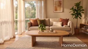 Warm Minimalist Home Decor Style Guide: Linen, Curved Wood, Travertine and Tone-on-Tone Layers